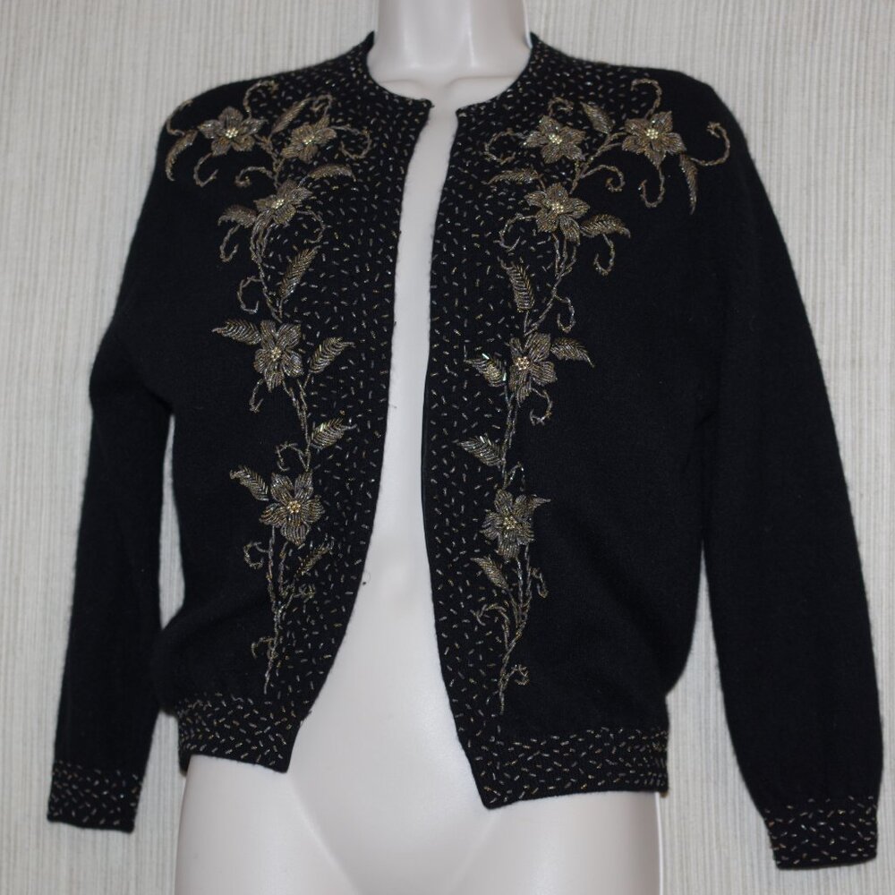 Marshall Field & company 1950s Black Beaded Angora Lambswool Cardigan size 40